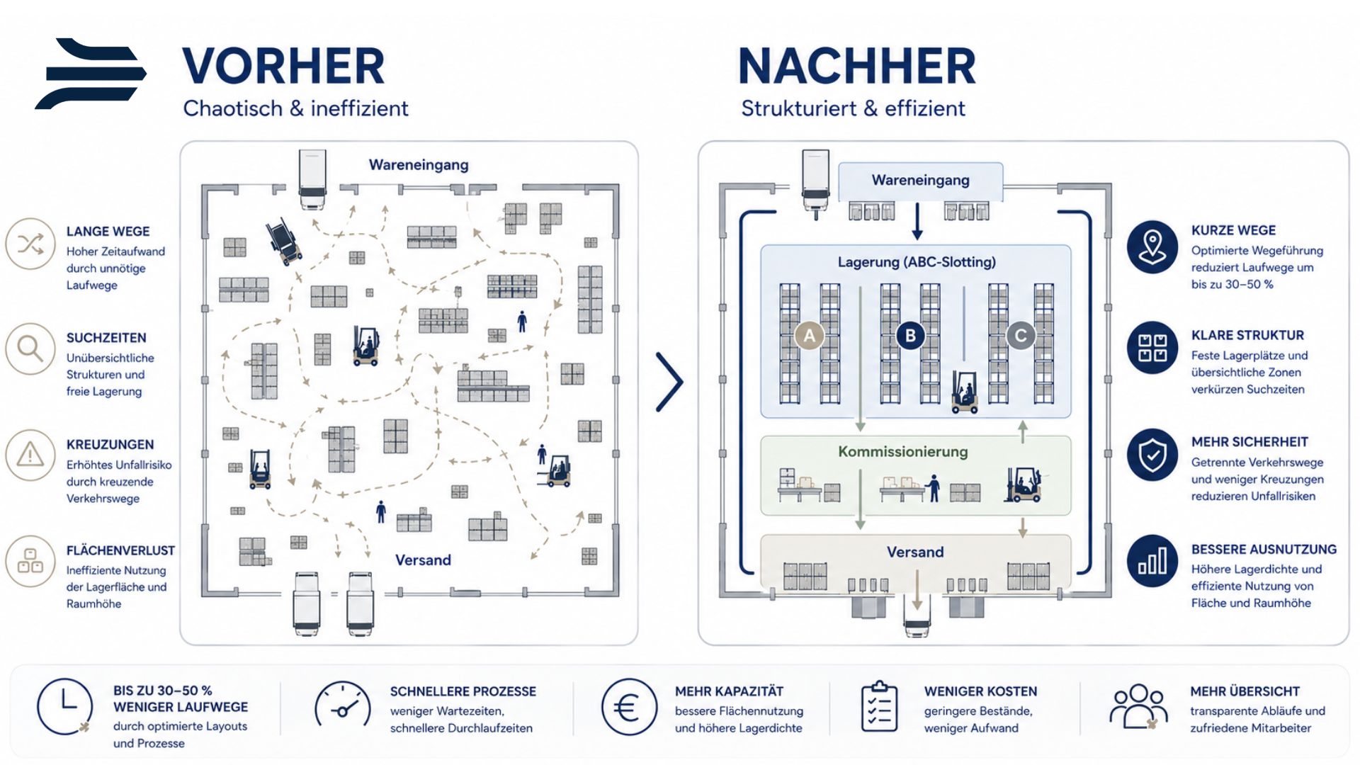 Lager strukturieren für mehr Wegeeffizienz, schematische Darstellung Vorher Nacher Vergleich, KOCH Gruppe