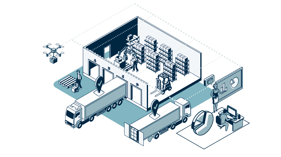 Logistik digitalisieren: Grafik zu Veranschaulichung einer vernetzten Unternehmenslogistik mit Lager, LKWs und digitalem Steuerungssystem