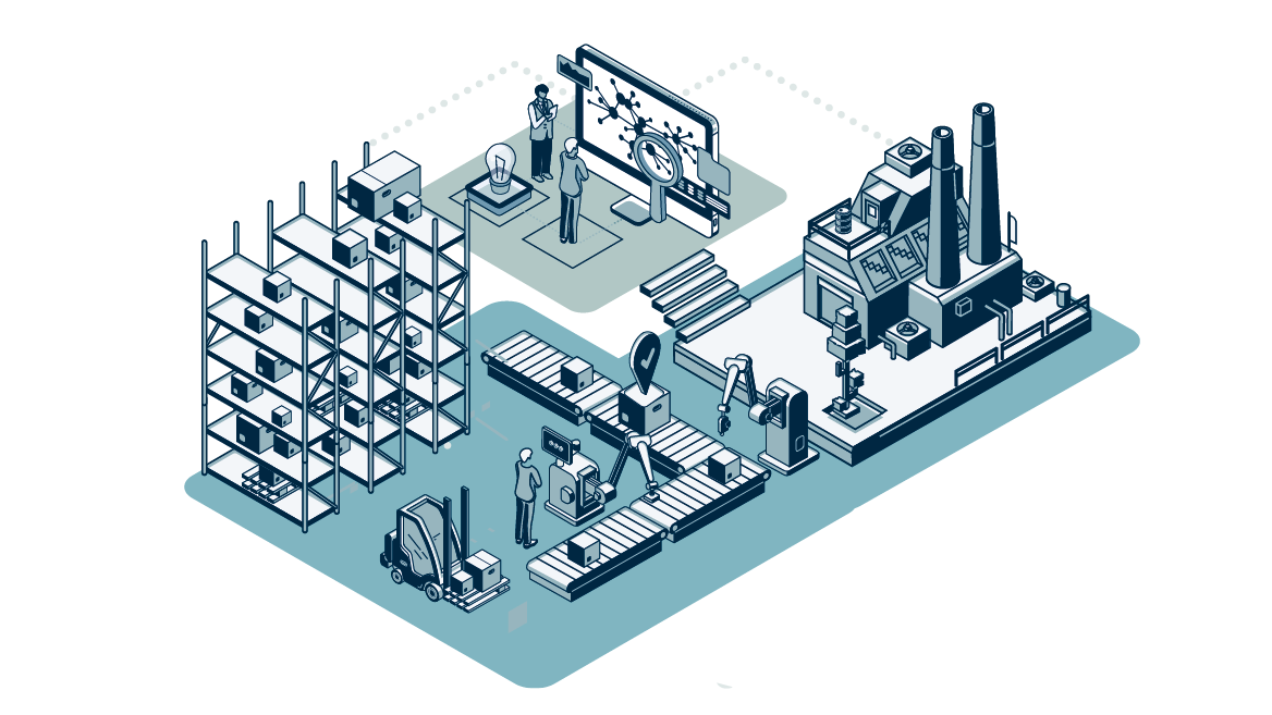 Illustration von IT Lösungen für die Fertigung, vernetzte Fabrik mit Lager und intelligenter Produktion