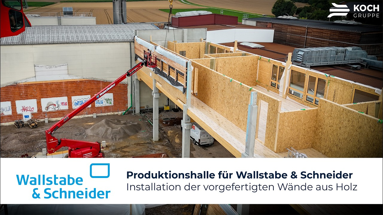 Bau-Rückblick Produktionshalle Wallstabe & Schneider: Montage der Hallenwände und Fertigteile