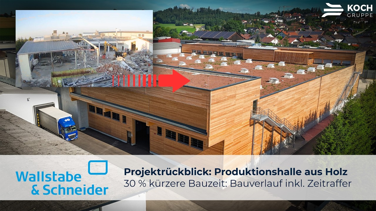 Bauverlauf der neuen Produktionshalle aus Holz für Wallstabe & Schneider inkl. Zeitraffer
