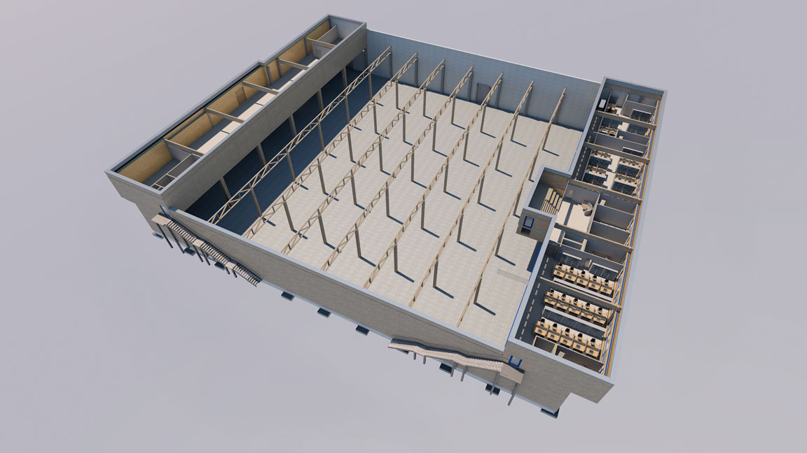 Visualisierung des Hallenlayouts von Wallstabe & Schneider, Darstellung der Stützenkonstruktion, KOCH Gruppe